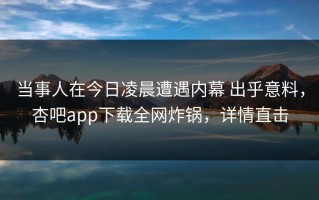 当事人在今日凌晨遭遇内幕 出乎意料，杏吧app下载全网炸锅，详情直击